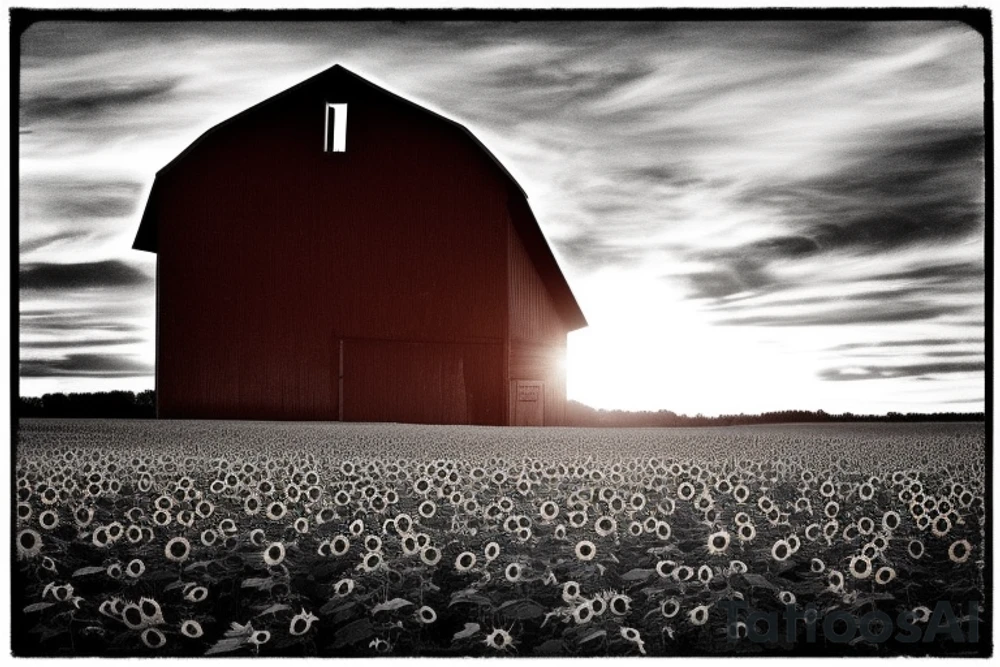 An image for a tattoo of an old weathered red barn with the setting sun in the background. The setting sun is shaped like a sunflower. Make everything black and white except the red barn and sunflower sun. tattoo idea