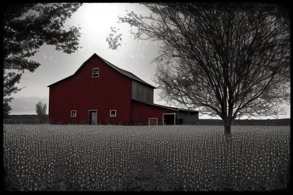An image for a tattoo of an old weathered red barn with the setting sun in the background. The setting sun is shaped like a sunflower. Make everything black and white except the red barn and sunflower sun. tattoo idea