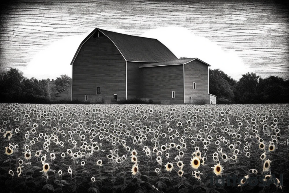 An image for a tattoo of an old weathered red barn with the setting sun in the background. Make everything black and white except the red barn and sunflower sun. tattoo idea