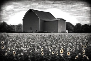 An image for a tattoo of an old weathered red barn with the setting sun in the background. Make everything black and white except the red barn and sunflower sun. tattoo idea