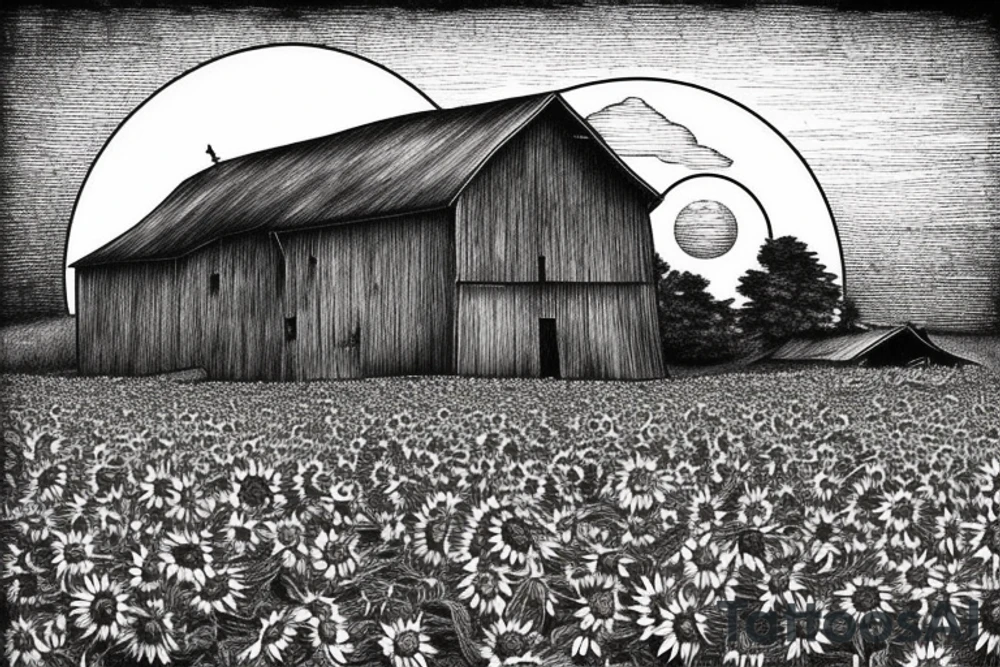 An image for a tattoo of an old weathered red barn with the setting sun in the background. Make everything black and white except the red barn and sunflower sun. tattoo idea