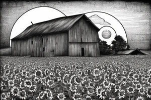An image for a tattoo of an old weathered red barn with the setting sun in the background. Make everything black and white except the red barn and sunflower sun. tattoo idea