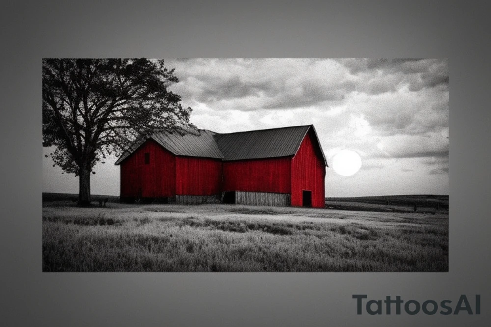 An image for a tattoo of an old weathered red barn with the setting sun in the background. Make everything black and white except the red barn and setting sun. tattoo idea