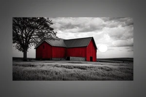 An image for a tattoo of an old weathered red barn with the setting sun in the background. Make everything black and white except the red barn and setting sun. tattoo idea