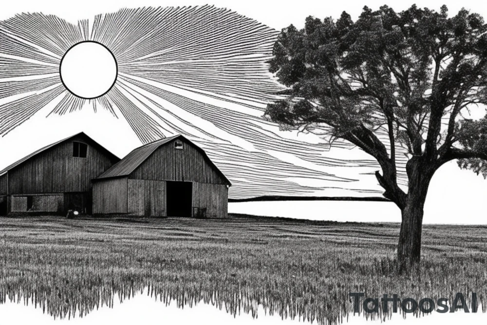 An image for a tattoo of an old weathered red barn with the setting sun in the background. Make everything black and white except the red barn and setting sun. tattoo idea
