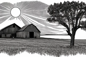 An image for a tattoo of an old weathered red barn with the setting sun in the background. Make everything black and white except the red barn and setting sun. tattoo idea