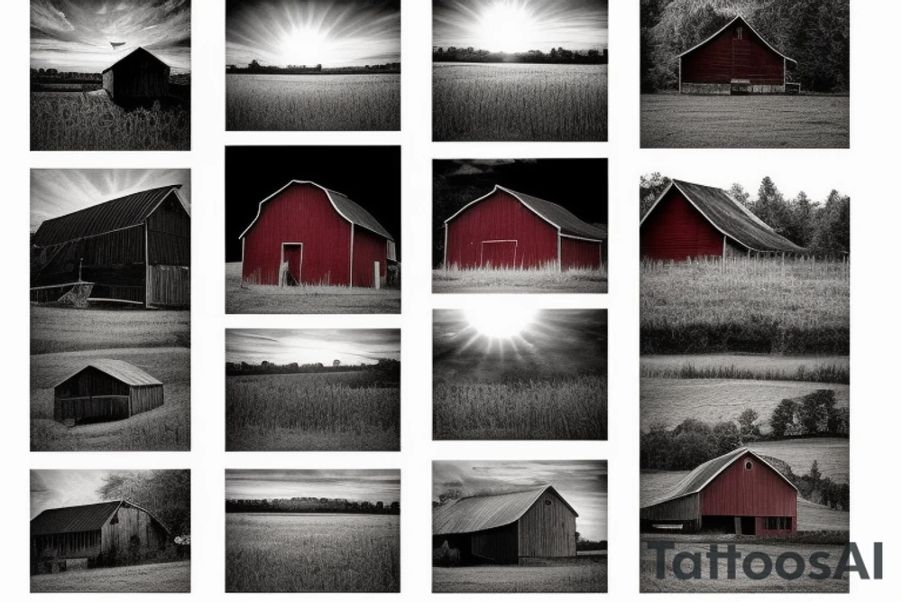 An image for a tattoo of an old weathered red barn with the setting sun in the background. Make everything black and white except the red barn and setting sun. tattoo idea
