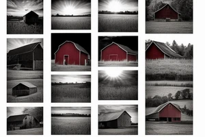 An image for a tattoo of an old weathered red barn with the setting sun in the background. Make everything black and white except the red barn and setting sun. tattoo idea