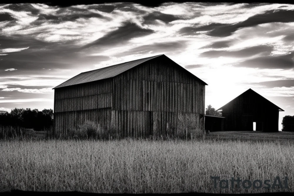 An image for a tattoo of an old weathered red barn with the setting sun in the background. Make everything black and white except the red barn and setting sun. tattoo idea