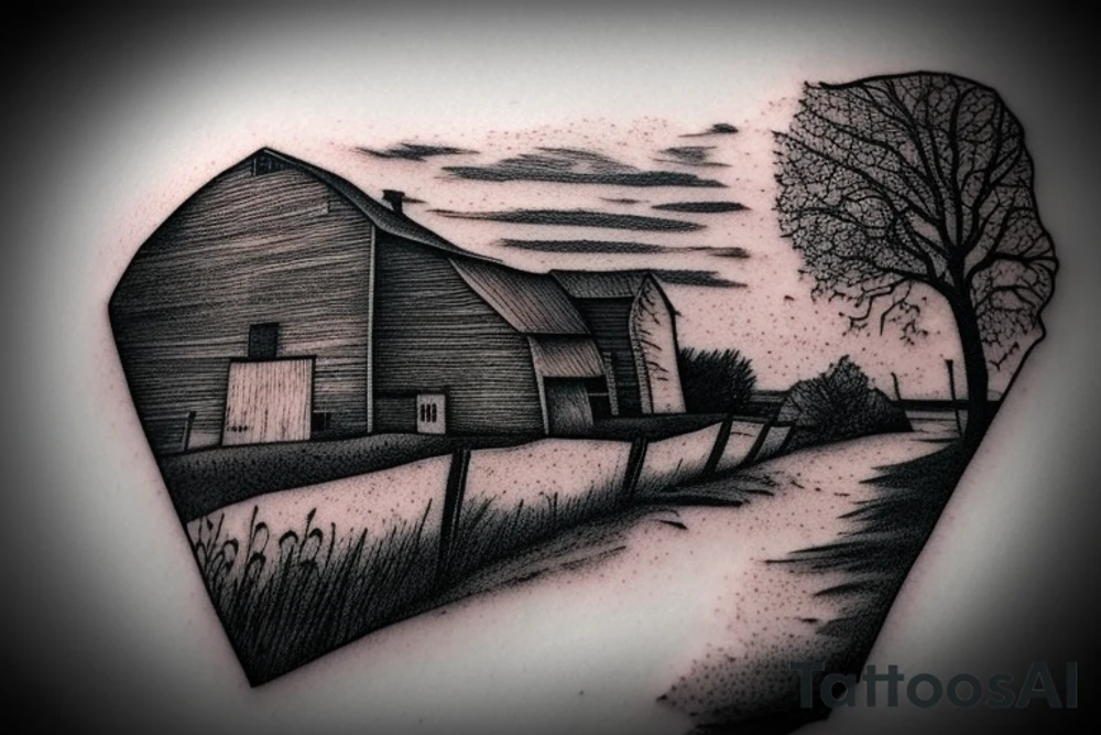An image for a tattoo of an old weathered red barn with the setting sun in the background. Make everything black and white except the red barn and setting sun. tattoo idea