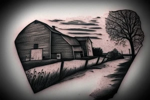 An image for a tattoo of an old weathered red barn with the setting sun in the background. Make everything black and white except the red barn and setting sun. tattoo idea