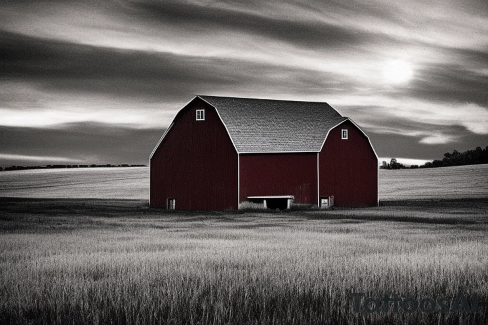 An image for a tattoo of an old weathered red barn with the setting sun in the background. Make everything black and white except the red barn and setting sun. tattoo idea