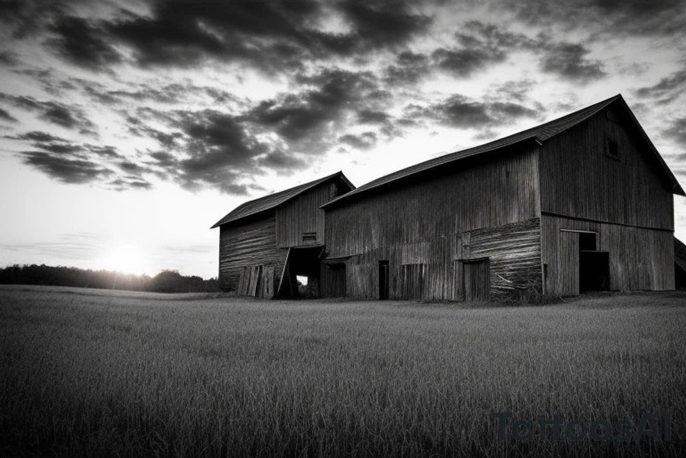 An image for a tattoo of an old weathered red barn with the setting sun in the background. Make everything black and white except the red barn and orange setting sun. tattoo idea