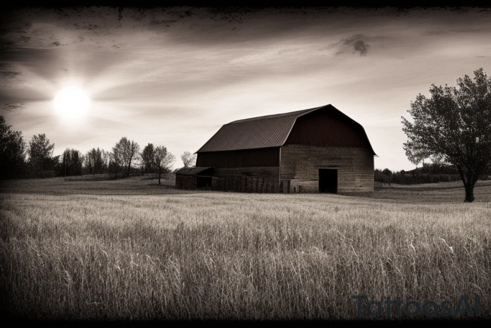 An image for a tattoo of an old weathered red barn with the setting sun in the background. Make everything black and white except the red barn and orange setting sun. tattoo idea