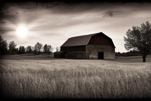 An image for a tattoo of an old weathered red barn with the setting sun in the background. Make everything black and white except the red barn and orange setting sun. tattoo idea
