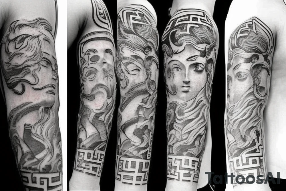 Various Greek and Roman small tattoos to fill a sleeve. The sleeve contains Zeus Icarus Poseidons trident Perseus, holding medusa‘s head and atlas. tattoo idea