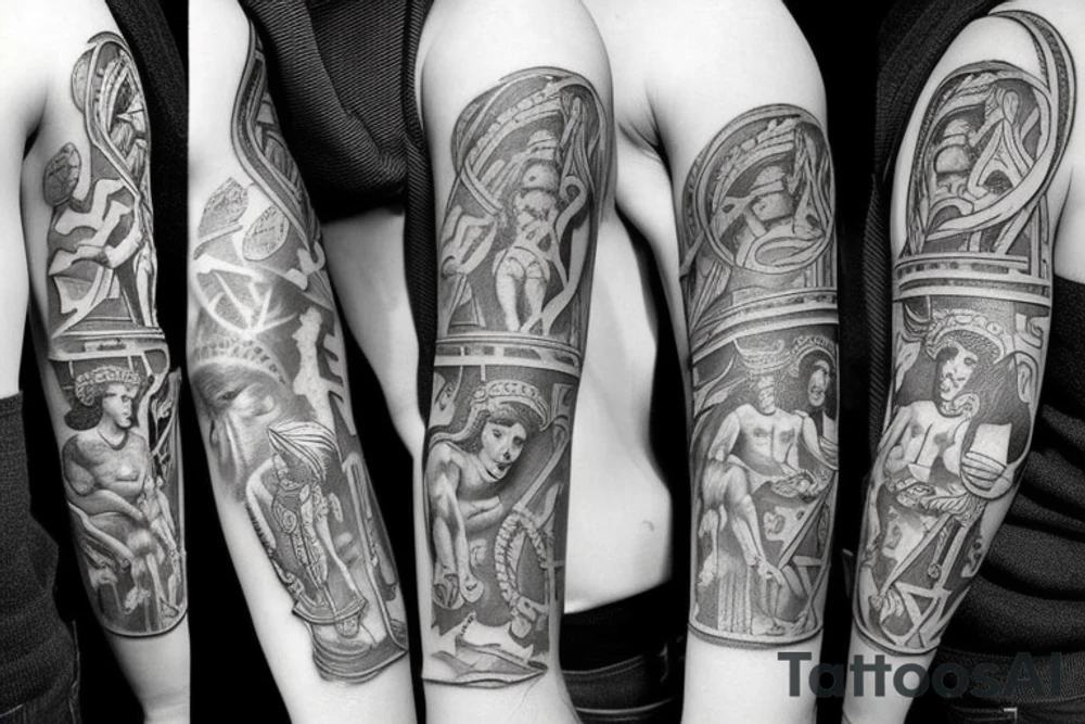 Various Greek and Roman small tattoos to fill a sleeve. The sleeve contains Zeus Icarus Poseidons trident Perseus, holding medusa‘s head and atlas. tattoo idea
