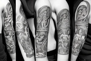 Various Greek and Roman small tattoos to fill a sleeve. The sleeve contains Zeus Icarus Poseidons trident Perseus, holding medusa‘s head and atlas. tattoo idea