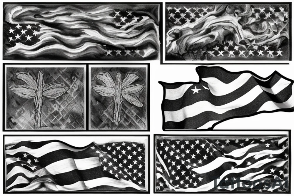 he tattoo design is a collage that features the borders of the following places, with black and white shading to represent the flags within the borders:

Mississippi: The border of Mississippi is depicted as a wavy river to symbolize the Mississippi River, which runs through the state.

Ohio: The border of Ohio features the distinctive outline of the state with the silhouette of a buckeye tree in the center, shading it to represent the Ohio flag.

Arkansas: The border of Arkansas takes on the form of the state's outline, and it is shaded to resemble the diamond in the center of the Arkansas flag.

South Korea: The design includes the shape of the Korean Peninsula, with the flag of South Korea shaded within it. The flag consists of a black trigram, a red and blue yin-yang symbol, and a white field.

Okinawa: Okinawa's border is depicted with the island's unique shape, and the design is shaded to represent the flag of Okinawa Prefecture, which includes the symbol of the prefecture.

Germany: The border for Germany takes the shape of the country, and the shading represents the German flag's black, red, and gold horizontal stripes.

This collage tattoo design would capture the essence of each place's borders and flags in a black and white style, creating a unique and meaningful piece of body art. You can consult with a tattoo artist to refine this concept and adapt it to your preferences and body placement. tattoo idea