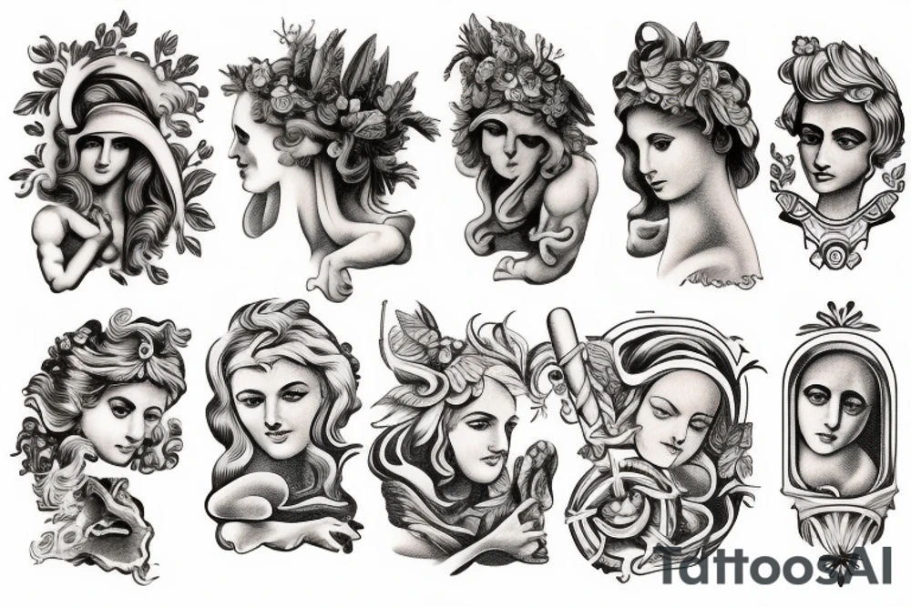 Various Greek and Roman mythology small tattoos to fill a sleeve tattoo idea