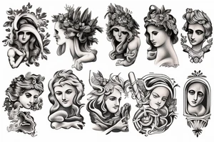 Various Greek and Roman mythology small tattoos to fill a sleeve tattoo idea