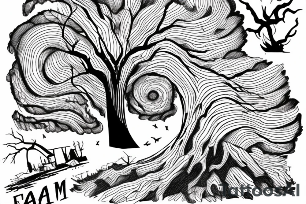 A tornado is tearing threw a farm and destroying everything except one big, old tree that is bending towards the tornado but not falling down tattoo idea
