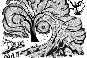 A tornado is tearing threw a farm and destroying everything except one big, old tree that is bending towards the tornado but not falling down tattoo idea