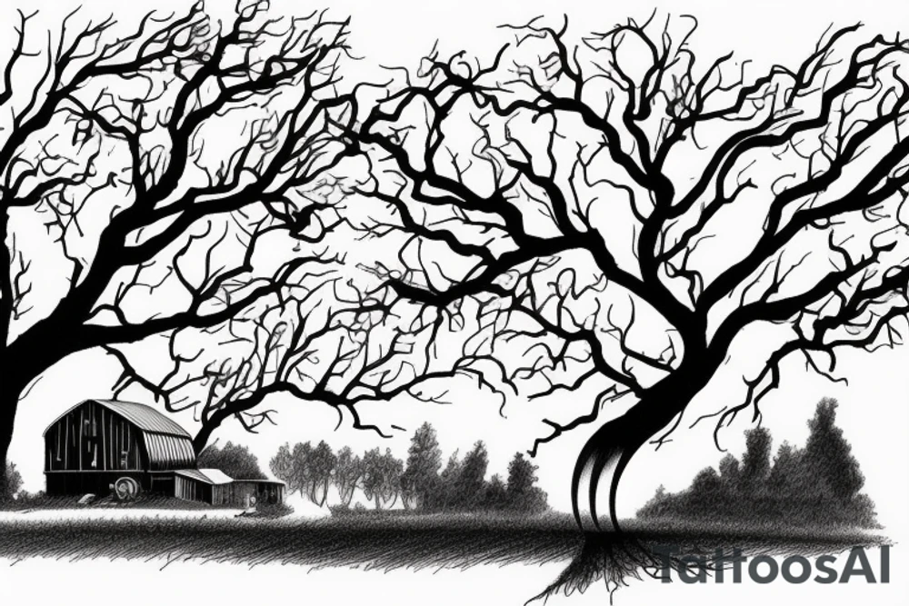 A tornado is tearing threw a farm and destroying everything except one big, old tree that is bending towards the tornado but not falling down tattoo idea
