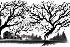 A tornado is tearing threw a farm and destroying everything except one big, old tree that is bending towards the tornado but not falling down tattoo idea