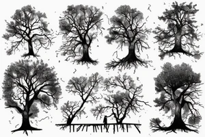A tornado is tearing threw a farm and destroying everything except one big, old tree that is bending towards the tornado but not falling down tattoo idea