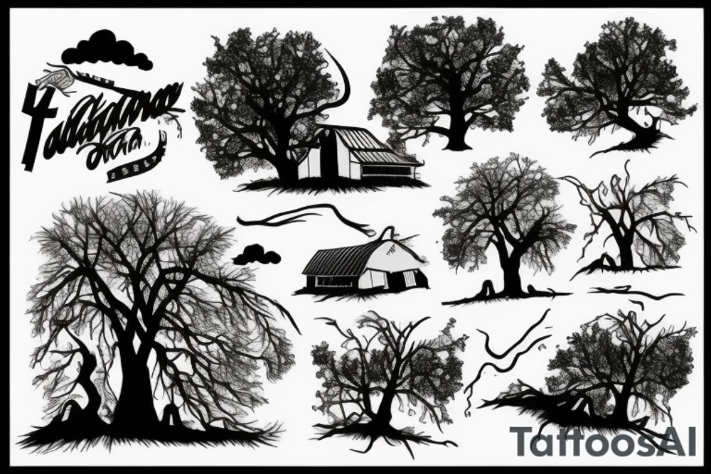 Tornado destroying a farm and all that is left standing is one big tree that is bending in the wind but not falling over. tattoo idea