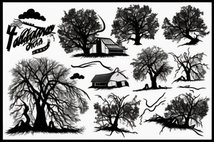 Tornado destroying a farm and all that is left standing is one big tree that is bending in the wind but not falling over. tattoo idea