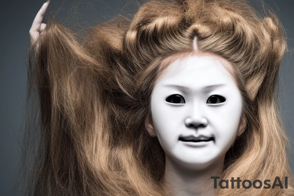It will be a collective image of the "goddess I invented for myself" in dynamics....

Hair: I have no idea, but I think it can be disheveled.

She has a samurai mask on her face, smiling, but also to the right and left of her is another mask: one angry and the other sad (also Japanese)

her body is not too thin and not too fat. she is dressed in a loose white dress with Ukrainian elements.

Her arms are crossed. In one hand there should be some kind of weapon (a sword or some kind of small scythe, but the scythe is for fighting), and in the other hand there should be some kind of symbol of peace and love or the birth of life, something like that.

And in general, this is the front view, it's like she's coming at you in a dynamic way.

That's why my legs can be bent, like in a jump or running. tattoo idea