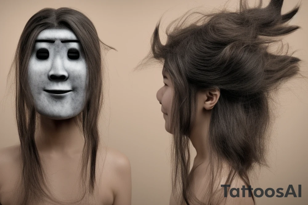 It will be a collective image of the "goddess I invented for myself" in dynamics....

Hair: I have no idea, but I think it can be disheveled.

She has a samurai mask on her face, smiling, but also to the right and left of her is another mask: one angry and the other sad (also Japanese)

her body is not too thin and not too fat. she is dressed in a loose white dress with Ukrainian elements.

Her arms are crossed. In one hand there should be some kind of weapon (a sword or some kind of small scythe, but the scythe is for fighting), and in the other hand there should be some kind of symbol of peace and love or the birth of life, something like that.

And in general, this is the front view, it's like she's coming at you in a dynamic way.

That's why my legs can be bent, like in a jump or running. tattoo idea