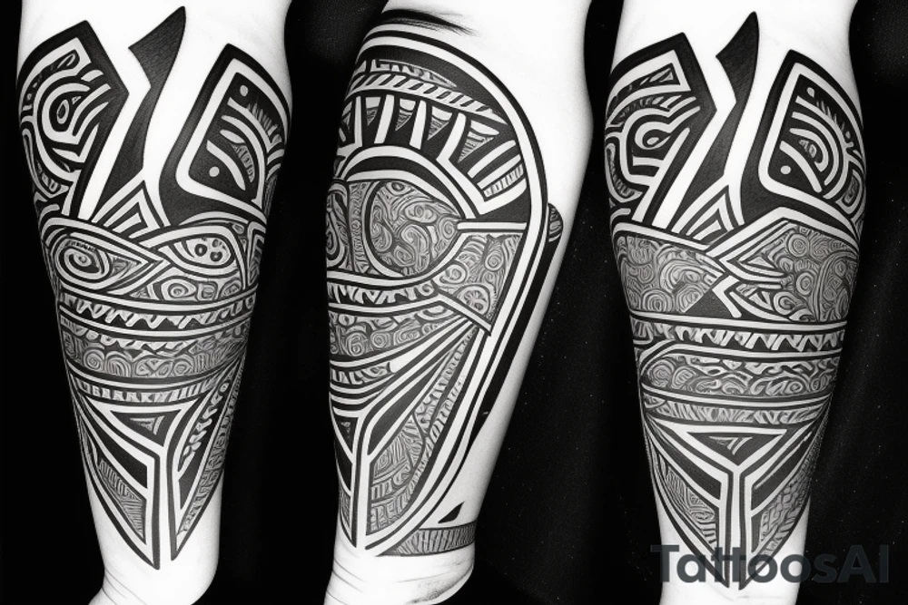 Tribal art arm tattoo with names Mya and Nikko tattoo idea