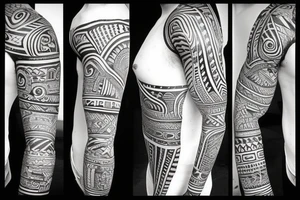 Tribal art arm tattoo with names Mya and Nikko tattoo idea