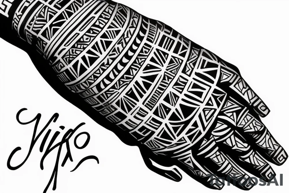 Tribal art arm ring tattoo with names Mya and Nikko tattoo idea