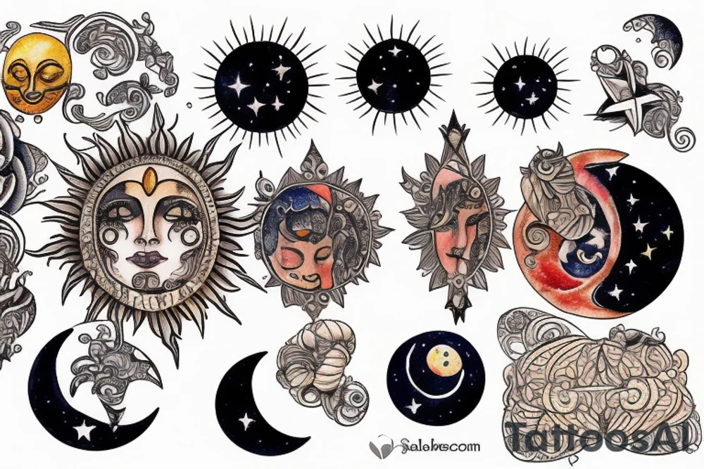 Sun with moon and stars tattoo idea