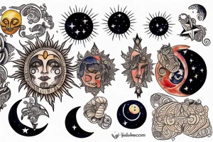 Sun with moon and stars tattoo idea