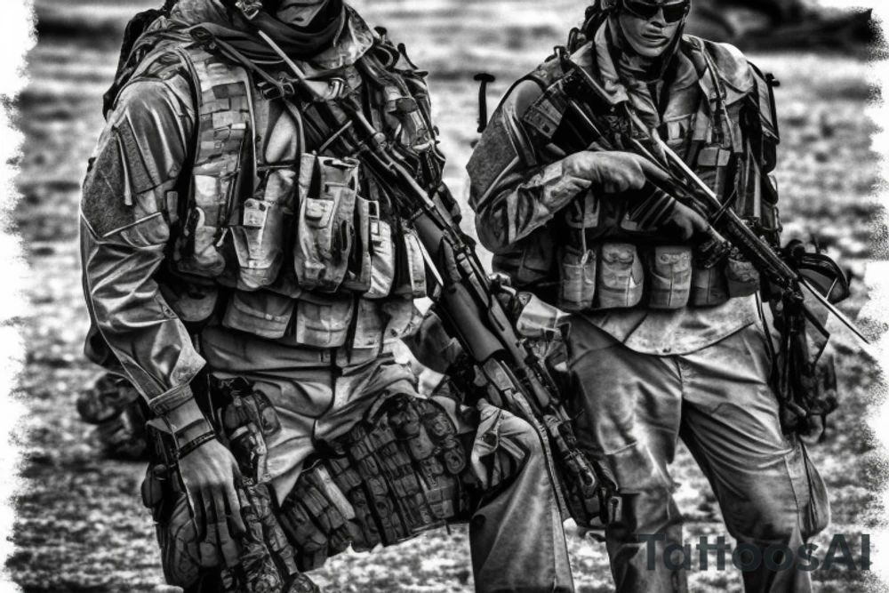 Marine Corps special forces sniper walking with his rifle, with a waving American flag behind it tattoo idea