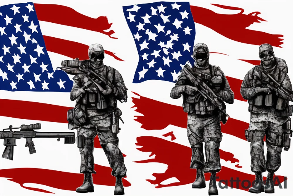 Marine Corps special forces sniper walking with his rifle, with a waving American flag behind it tattoo idea