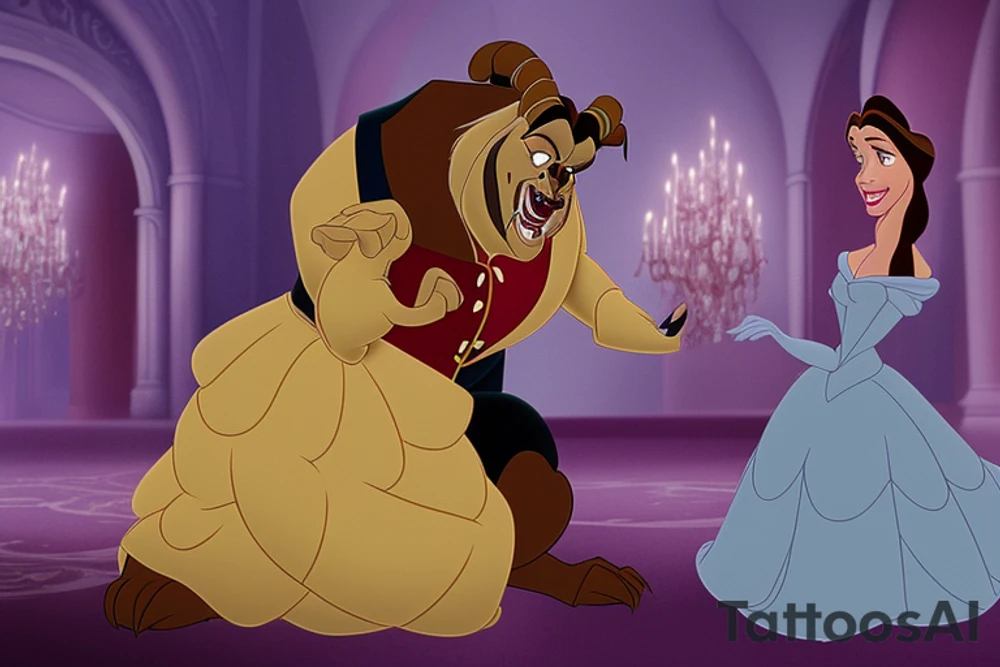 In the Disney animated film "Beauty and the Beast," the character known as "Beast" undergoes a transformation from a terrifying, monstrous creature into a more human-like form as a result of his love for Belle. As part of this transformation, his previously sharp and fearsome claws become more refined and resemble those of a human.

Prior to his transformation, the Beast's claws were large, sharp, and resembled those of a creature rather than a human hand. They were a menacing part of his monstrous appearance, and they played a role in conveying his ferocity and danger to those around him. However, as the story progresses and the Beast's character develops, his physical appearance changes to become more in line with his inner gentleness and kindness.

In his transformed state, the Beast's claws are no longer prominent, and he has human-like hands with fingers. This change in his appearance symbolizes his personal growth, his capacity for love, and his redemption. It's a visual representation of the central theme of the story: that love can transform even the most fearsome of creatures into something beautiful and kind. tattoo idea
