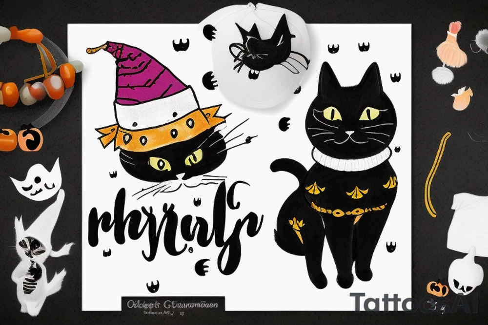 black cat in a sweater with a funny hat
happy halloween below the cat tattoo idea