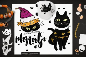 black cat in a sweater with a funny hat
happy halloween below the cat tattoo idea