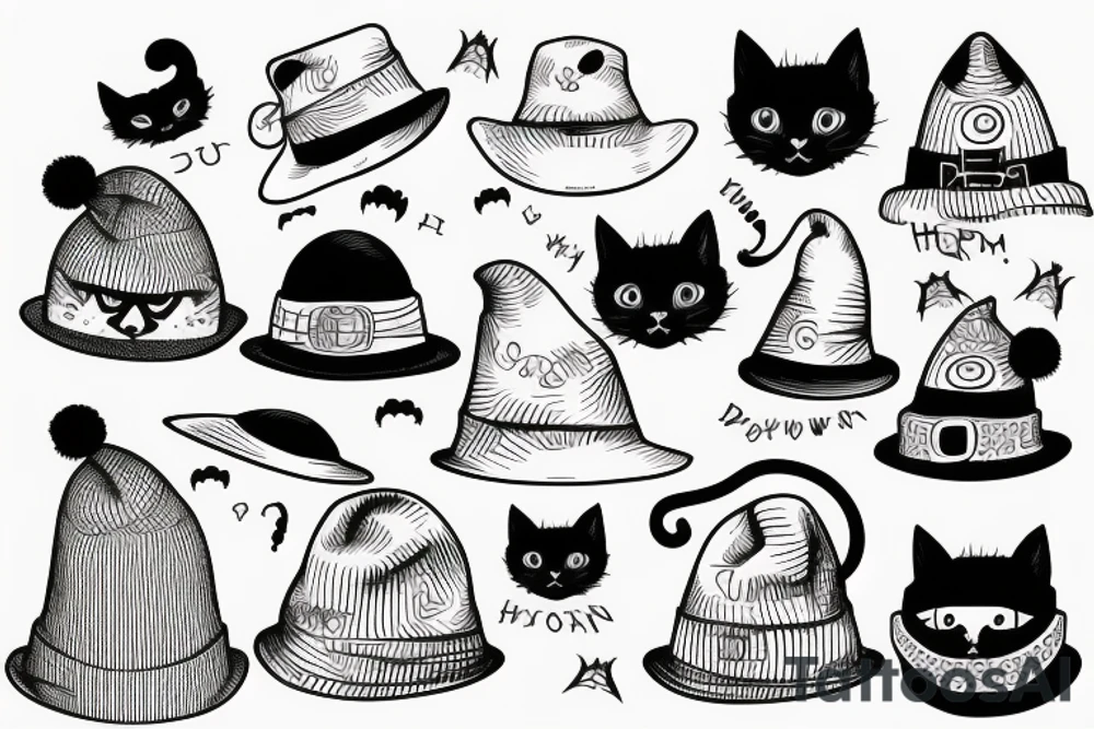 black cat in a sweater with a funny hat
happy halloween below the cat tattoo idea