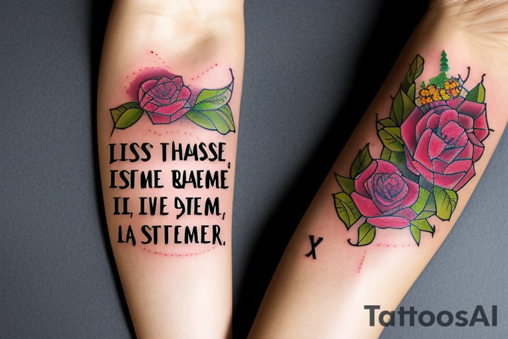 Design a sleeve tattoo that incorporates the following quotes:

Live as you'll die today, dream as you'll live forever
I swear I lived
Make the world a better place and more exciting one
Hapiness cocktail: Gratitude, Resilience, Emotions, Awareness, Try new things, Direction, Relate, Exercise, Acceptance & Meaning
Be vulnarable and authentic
What's the MIT of the day?
Create ripples
Never go to sleep without a request to your subconscious
What do they want?
The world is changed by your exemple, not by your opinions
Doing nothing often leads to the very best kind of something
The darkest nights produce the brightest stars
L'avenir est présent dans la vie d'un immortel
Style:

The tattoo should be in a style that is both meaningful and visually appealing to you. Some possible styles include:

Minimalist: This style is characterized by simple lines and shapes. It is a good choice for people who want a tattoo that is both elegant and understated. tattoo idea