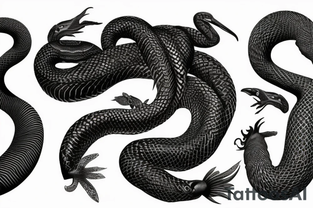 A surreal, abstract, black and white arm sleeve featuring the body of a snake as the center, surrounded by other textures found in nature like raven feathers, pangolin scales, and fish scales tattoo idea