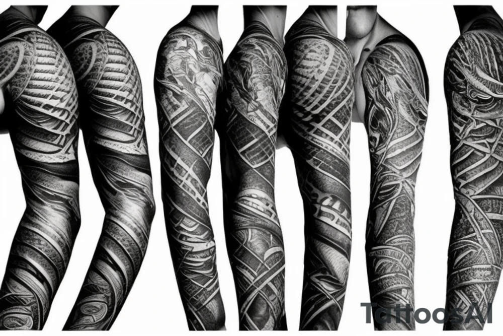 A surreal, abstract, black and white arm sleeve featuring the body of a snake as the center, surrounded by other textures found in nature like raven feathers, pangolin scales, and fish scales tattoo idea