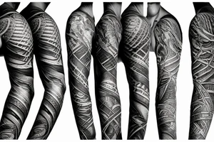 A surreal, abstract, black and white arm sleeve featuring the body of a snake as the center, surrounded by other textures found in nature like raven feathers, pangolin scales, and fish scales tattoo idea