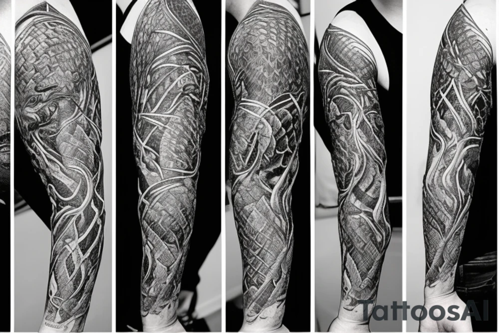 A surreal, abstract, black and white arm sleeve featuring the body of a snake as the center, surrounded by other textures found in nature like raven feathers, pangolin scales, and fish scales tattoo idea